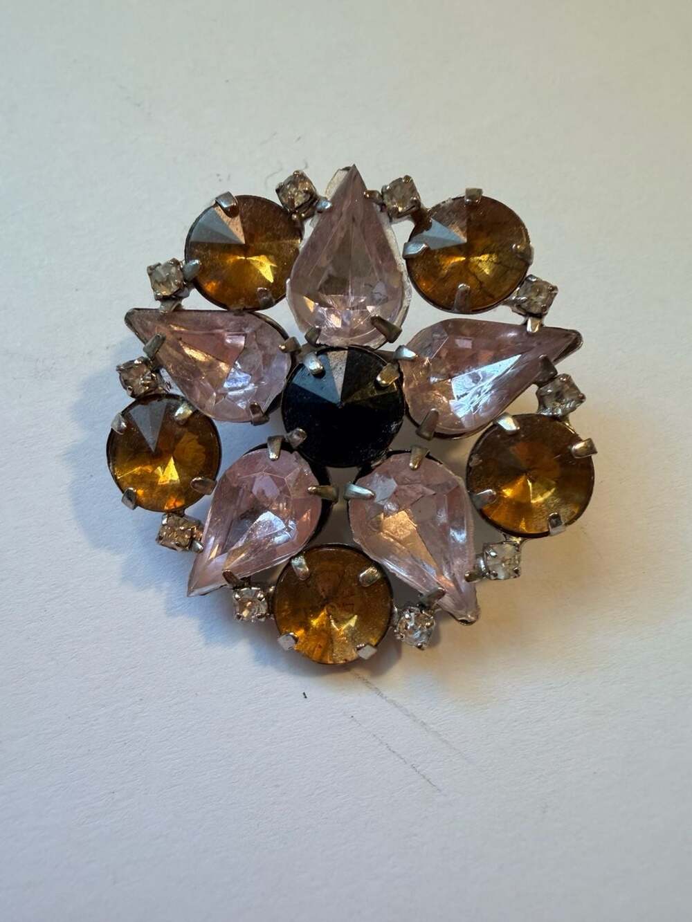 Vintage Pink Teardrop and Amber Rhinestone Flower Brooch Silver Tone